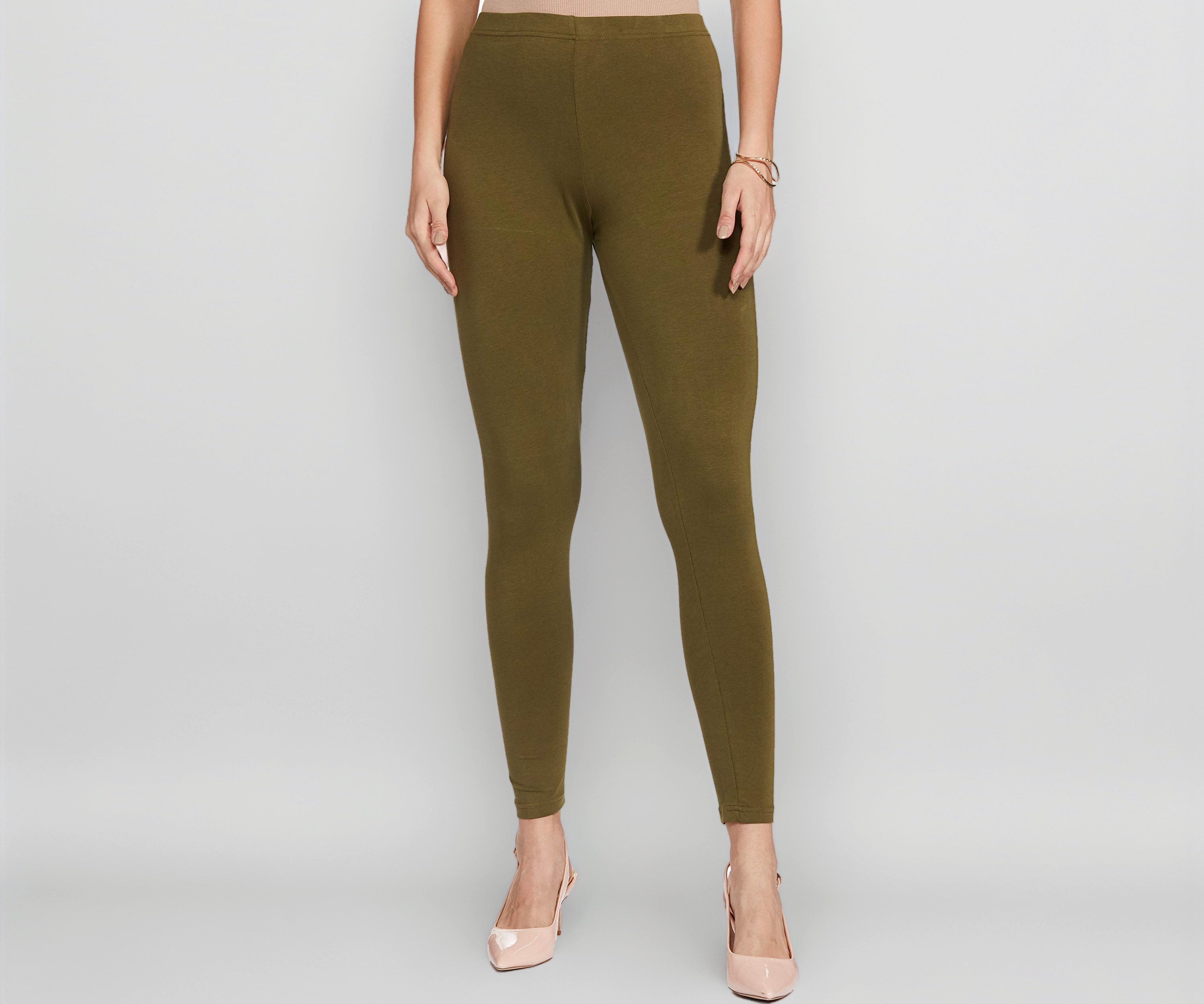 GO COLORS Soft Cotton Stretch Ankle Length Leggings for Women | Breathable, Mid Rise, Olive Green