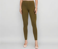 GO COLORS Soft Cotton Stretch Ankle Length Leggings for Women | Breathable, Mid Rise, Olive Green
