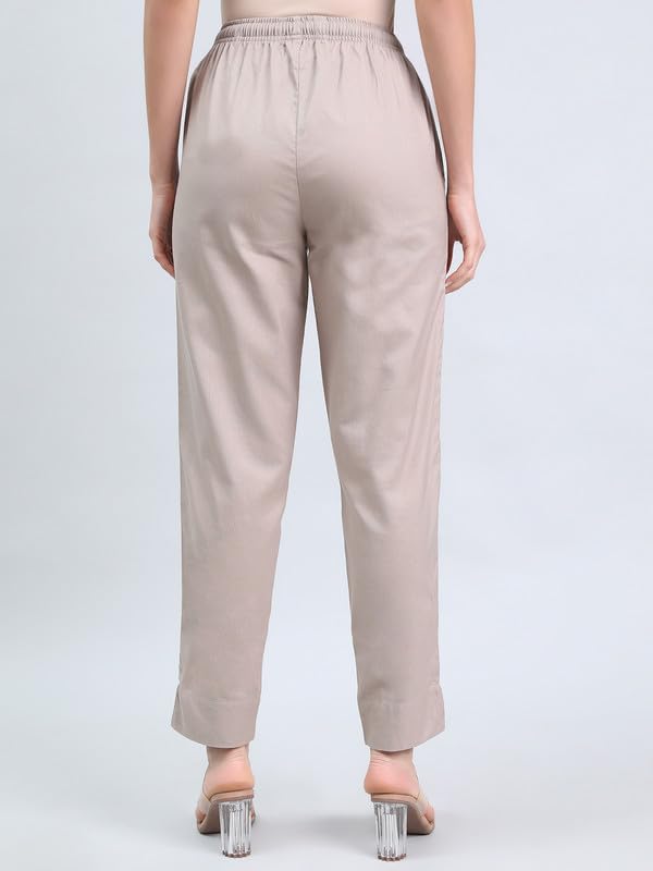 GO COLORS Linen Pencil Pant Full Length for Women| Breathable, Mid Rise, Beige