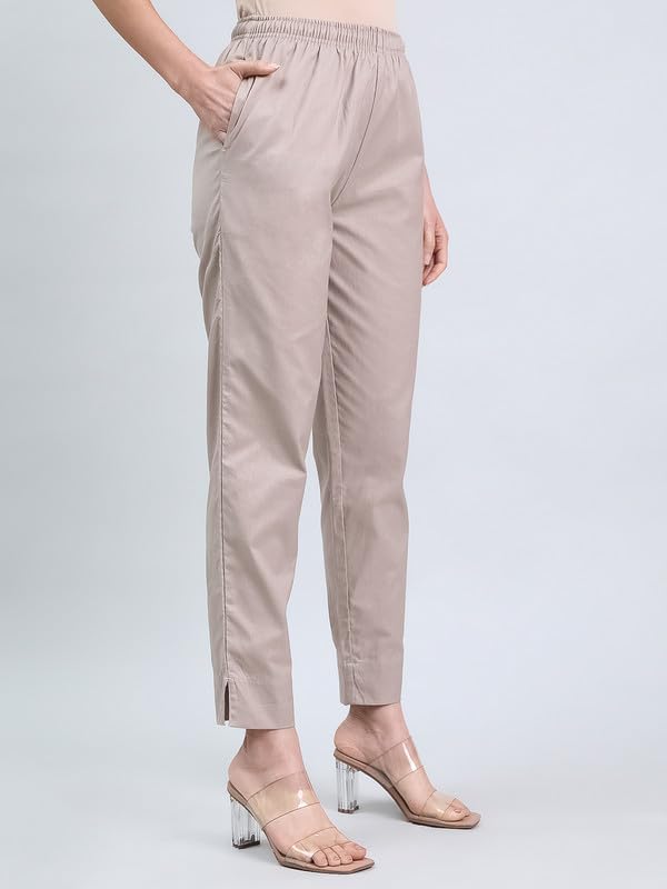 GO COLORS Linen Pencil Pant Full Length for Women| Breathable, Mid Rise, Beige
