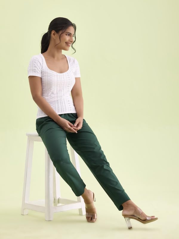 GO COLORS Women Solid Bottle Green Cotton Pencil Pant