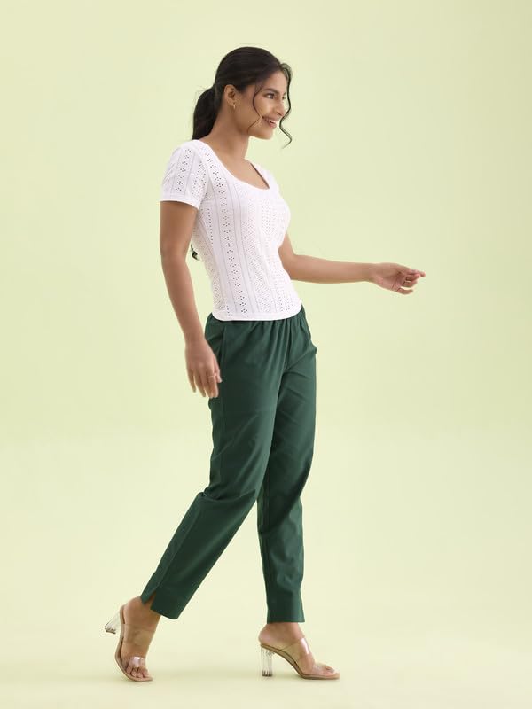 GO COLORS Women Solid Bottle Green Cotton Pencil Pant