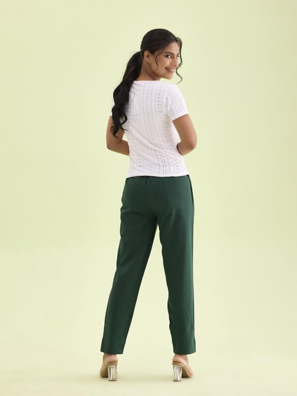 GO COLORS Women Solid Bottle Green Cotton Pencil Pant
