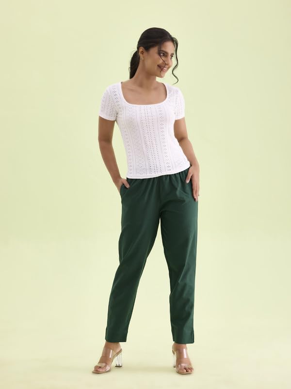 GO COLORS Women Solid Bottle Green Cotton Pencil Pant