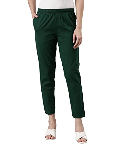 GO COLORS Women Solid Bottle Green Cotton Pencil Pant