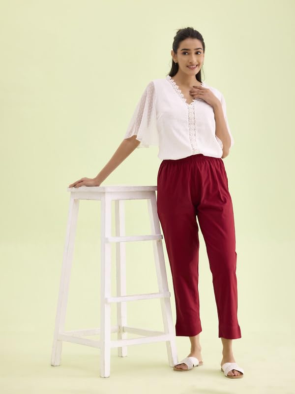 GO COLORS Women Solid Maroon Cotton Pencil Pant