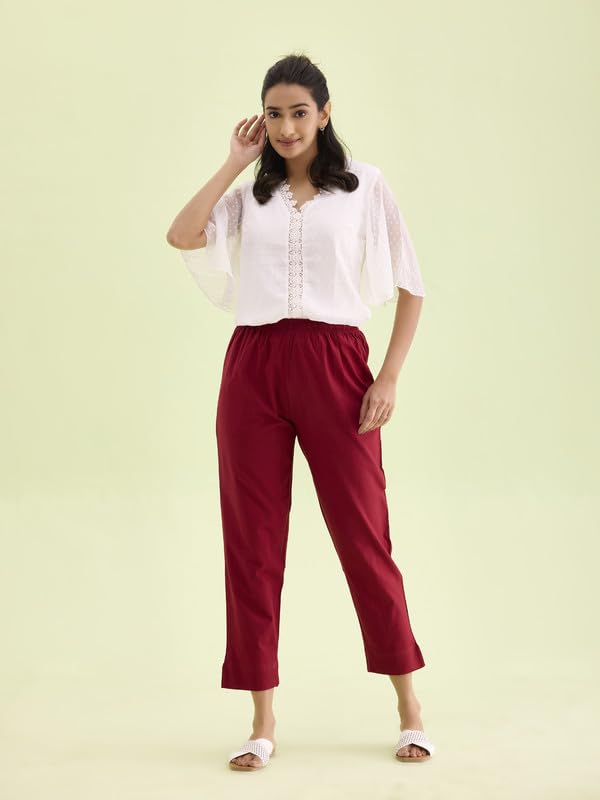 GO COLORS Women Solid Maroon Cotton Pencil Pant