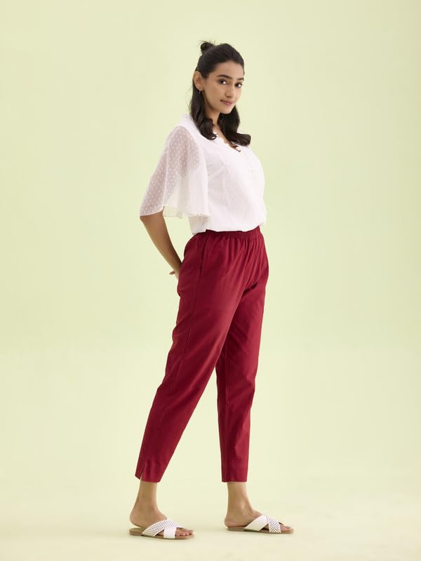 GO COLORS Women Solid Maroon Cotton Pencil Pant