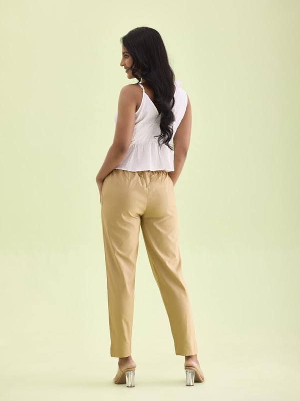 GO COLORS Women Solid Wheat Cotton Pencil Pant