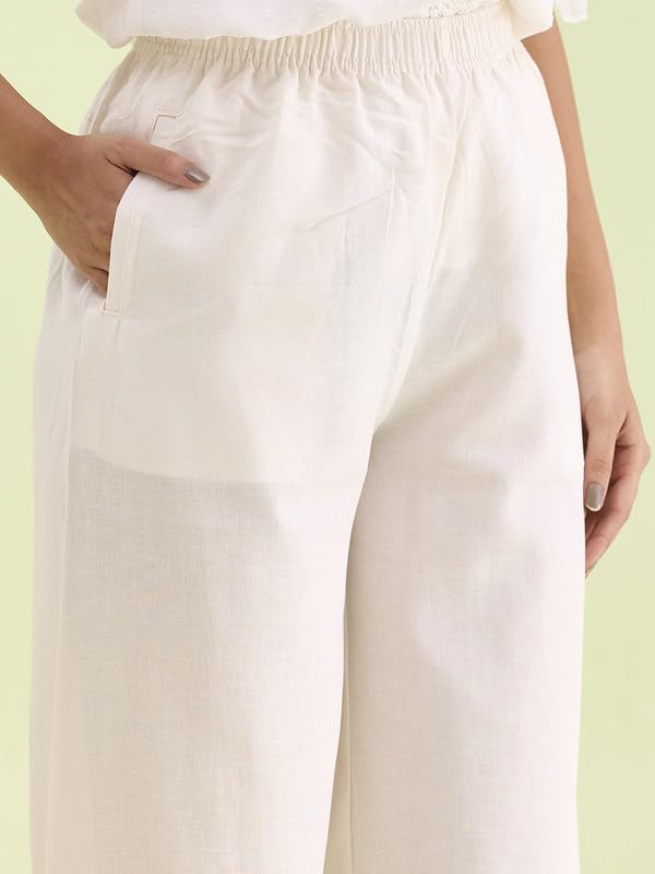 Go Colors Solid Linen Palazzos for Women|Relaxed Fit, Mid Rise, Cream_8905344014350_Off-White_L