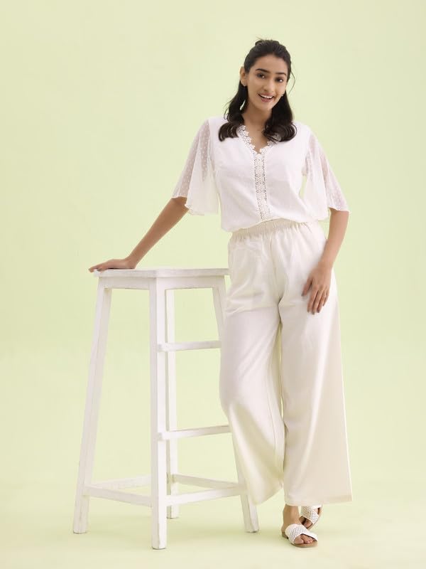 Go Colors Solid Linen Palazzos for Women|Relaxed Fit, Mid Rise, Cream_8905344014350_Off-White_L