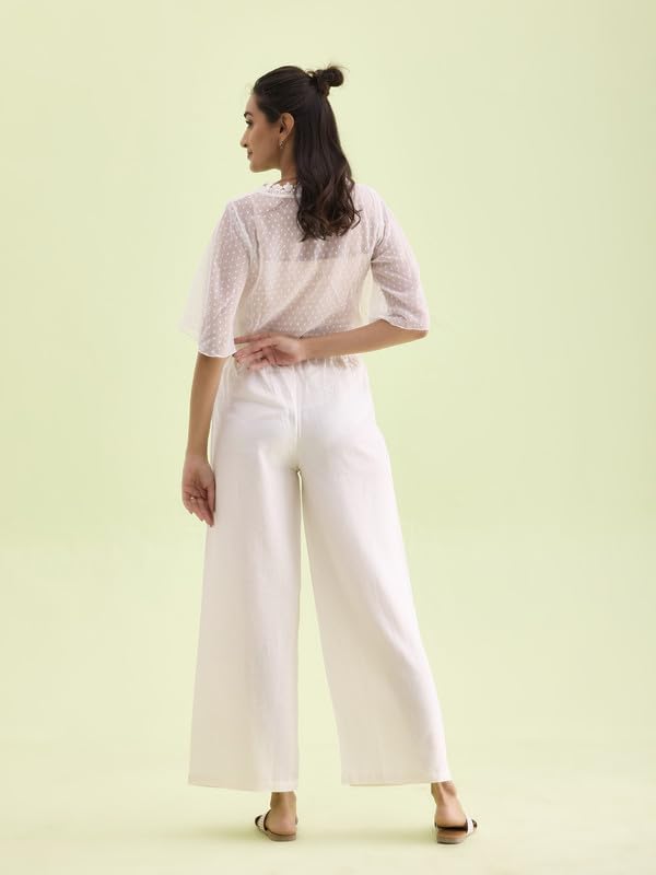 Go Colors Solid Linen Palazzos for Women|Relaxed Fit, Mid Rise, Cream_8905344014367_Off-White_M