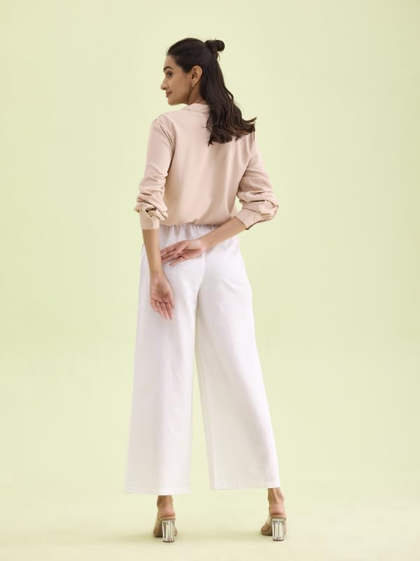 GO COLORS Women White Mid Rise Relaxed Fit Linen Palazzo