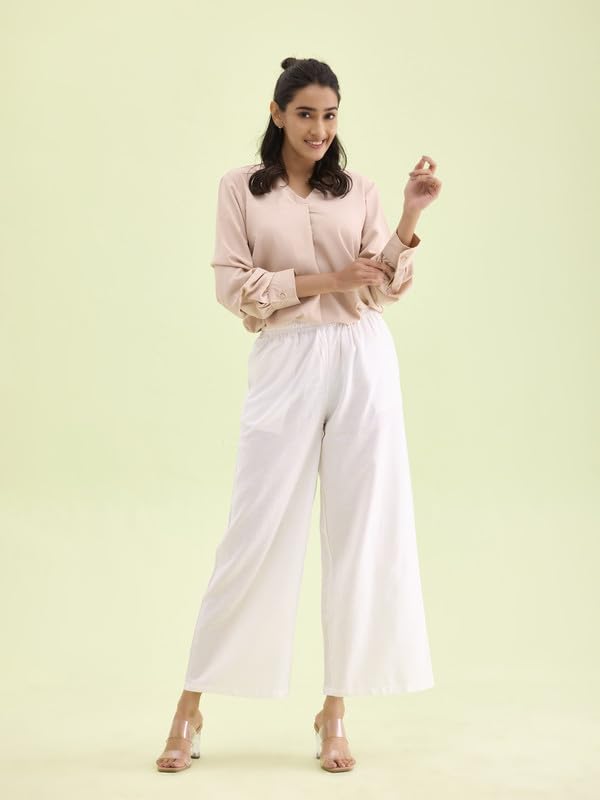 GO COLORS Women White Mid Rise Relaxed Fit Linen Palazzo