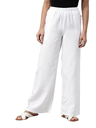 GO COLORS Women White Mid Rise Relaxed Fit Linen Palazzo