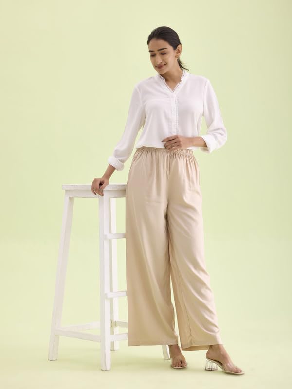Go Colors Solid Viscose Basic Palazzo for Women | Mid Rise, Side Pockets, Light Beige_LPZ7_Beige_L