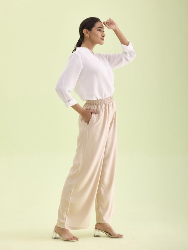 Go Colors Solid Viscose Basic Palazzo for Women | Mid Rise, Side Pockets, Light Beige_LPZ7_Beige_L