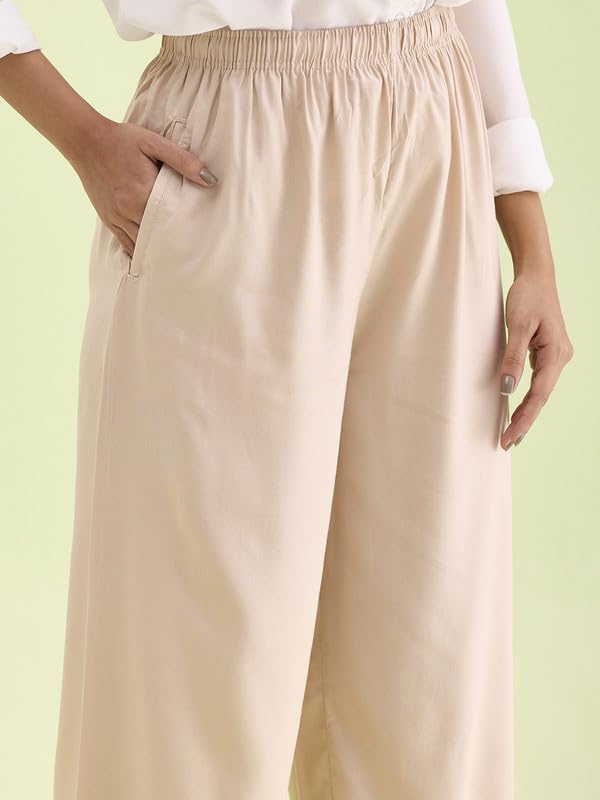 Go Colors Solid Viscose Basic Palazzo for Women | Mid Rise, Side Pockets, Light Beige_LPZ7_Beige_L