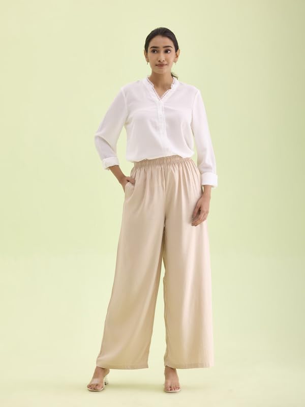 Go Colors Solid Viscose Basic Palazzo for Women | Mid Rise, Side Pockets, Light Beige_LPZ7_Beige_L