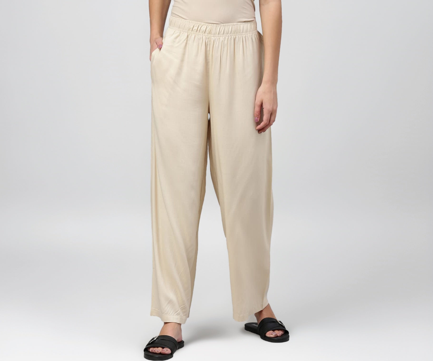 Go Colors Solid Viscose Basic Palazzo for Women | Mid Rise, Side Pockets, Light Beige_LPZ7_Beige_L