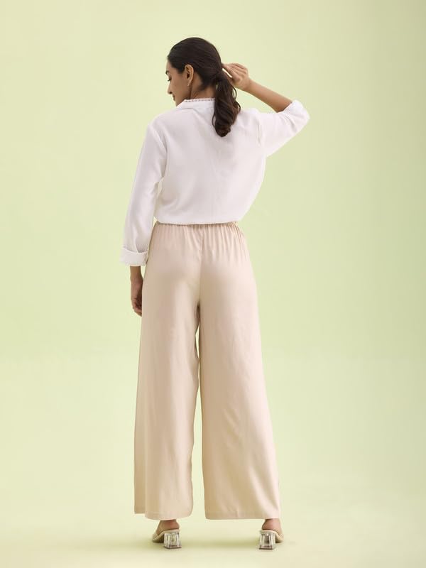 Go Colors Solid Viscose Basic Palazzo for Women | Mid Rise, Side Pockets, Light Beige_LPZ7_Beige_L