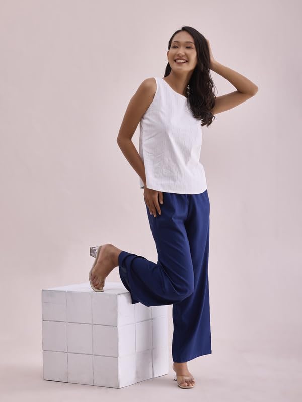 Go Colors Solid Viscose Basic Palazzo for Women | Mid Rise, Side Pockets, Navy_LPZ7_Blue_M