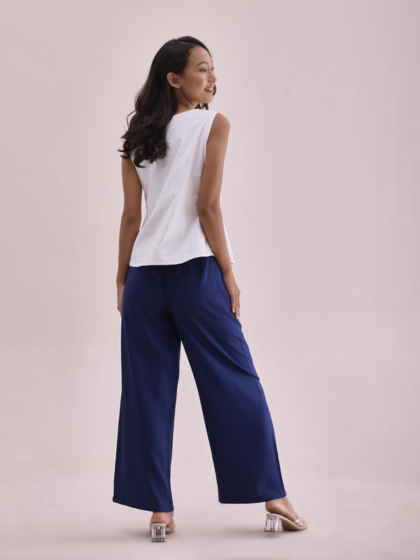 Go Colors Solid Viscose Basic Palazzo for Women | Mid Rise, Side Pockets, Navy_LPZ7_Blue_M