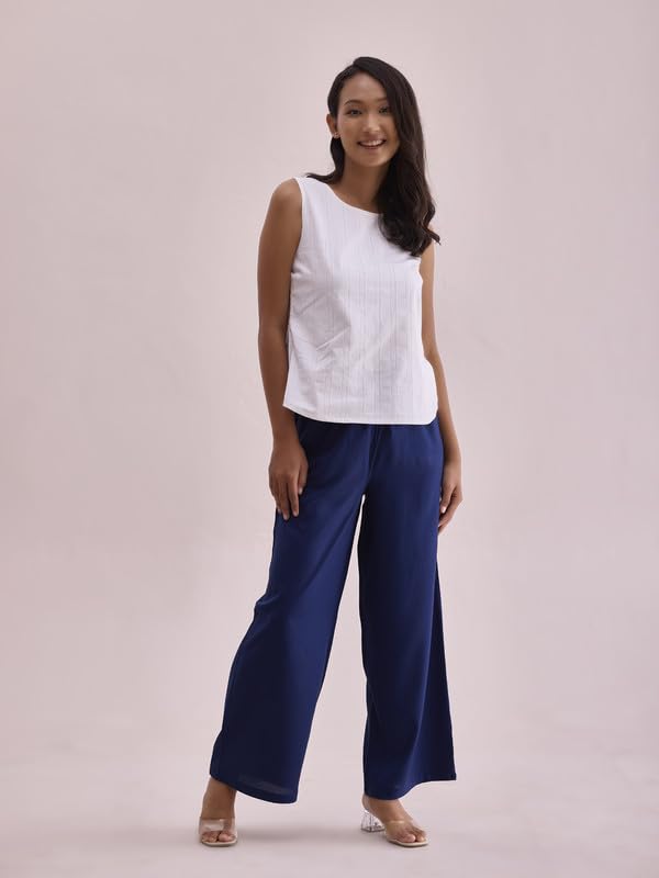 Go Colors Solid Viscose Basic Palazzo for Women | Mid Rise, Side Pockets, Navy_LPZ7_Blue_M