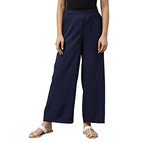 Go Colors Solid Viscose Basic Palazzo for Women | Mid Rise, Side Pockets, Navy_LPZ7_Blue_M