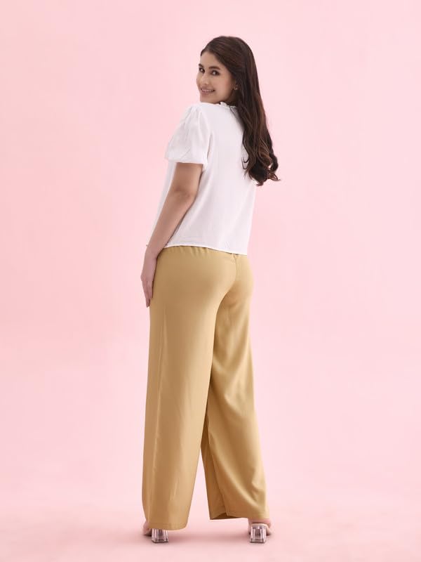 Go Colors Solid Viscose Basic Palazzo for Women | Mid Rise, Side Pockets, Wheat_LPZ7_Beige_L