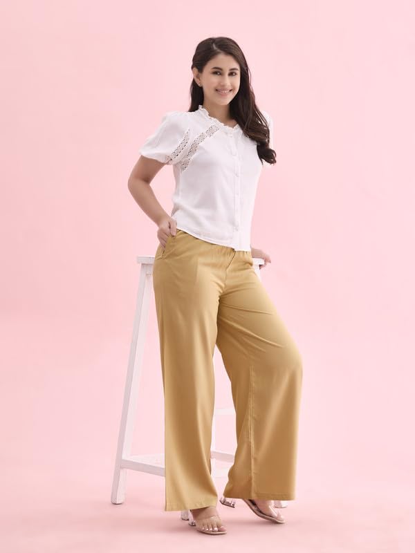 Go Colors Solid Viscose Basic Palazzo for Women | Mid Rise, Side Pockets, Wheat_LPZ7_Beige_L