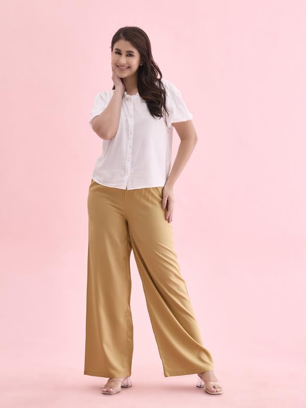 Go Colors Solid Viscose Basic Palazzo for Women | Mid Rise, Side Pockets, Wheat_LPZ7_Beige_M