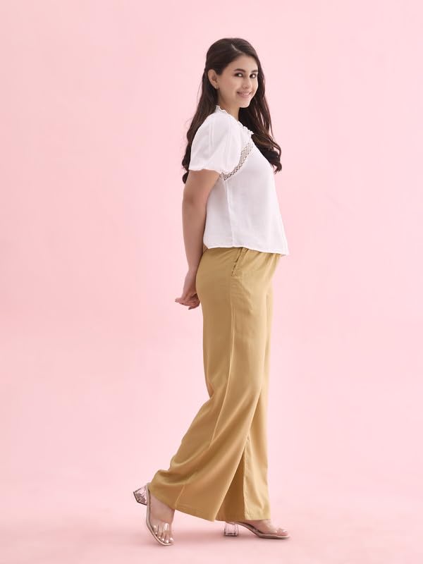 Go Colors Solid Viscose Basic Palazzo for Women | Mid Rise, Side Pockets, Wheat_LPZ7_Beige_M