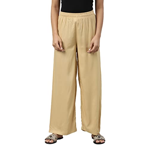 Go Colors Solid Viscose Basic Palazzo for Women | Mid Rise, Side Pockets, Wheat_LPZ7_Beige_M