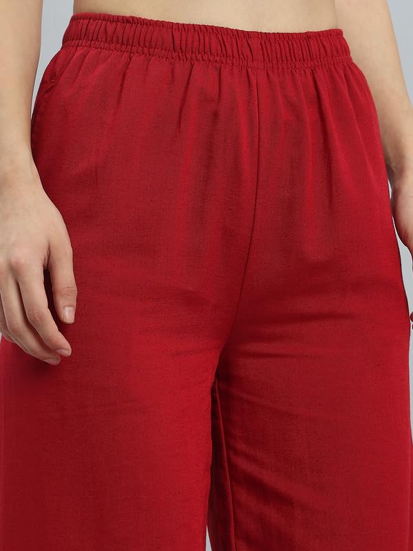 GO COLORS Soft Linen Wide Pant Full Length for Women| Breathable, Mid Rise, Cherry