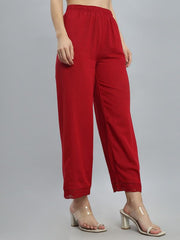 GO COLORS Soft Linen Wide Pant Full Length for Women| Breathable, Mid Rise, Cherry