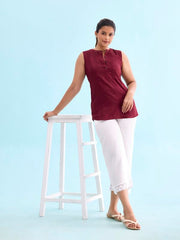 GO COLORS Womens' Solid White Mid Rise Linen Wide Pant