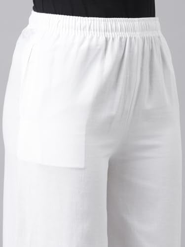 GO COLORS Womens' Solid White Mid Rise Linen Wide Pant