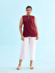 GO COLORS Womens' Solid White Mid Rise Linen Wide Pant