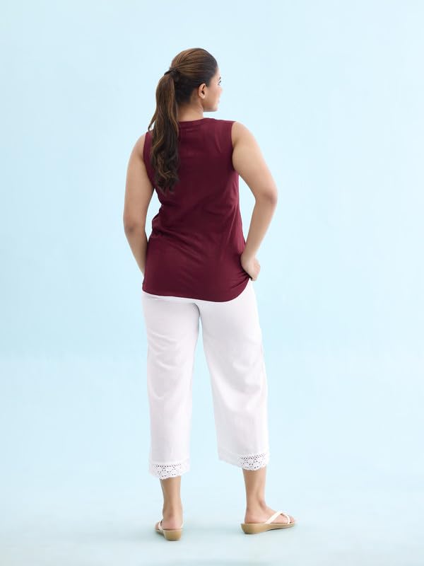 Go Colors Linen Lace Palazzo for Women | Relaxed Fit, Mid Rise, Pockets, White_LPZ8-WHITE74L-XL_White_XL