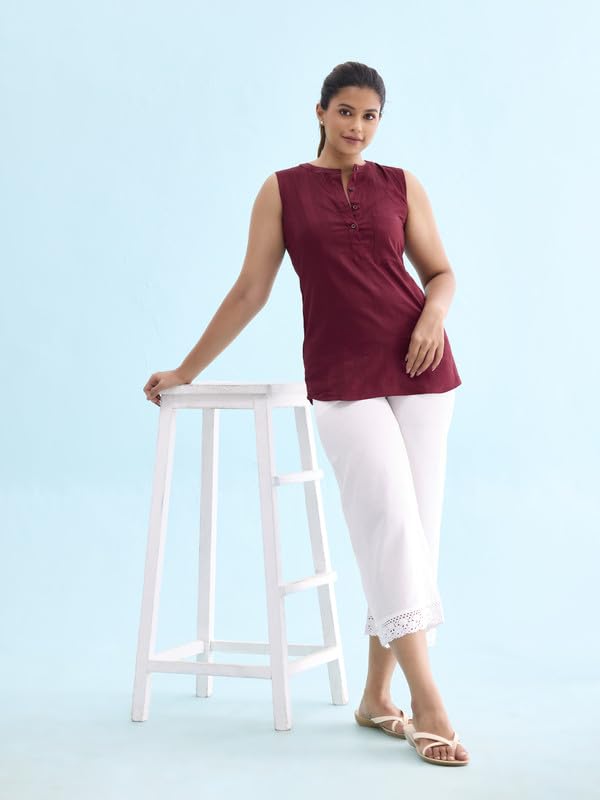 Go Colors Linen Lace Palazzo for Women | Relaxed Fit, Mid Rise, Pockets, White_LPZ8-WHITE74L-XL_White_XL