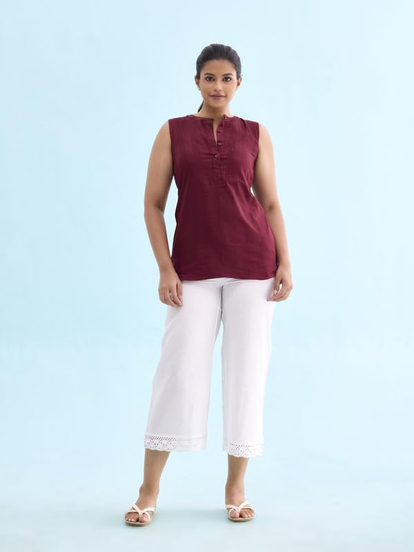 Go Colors Linen Lace Palazzo for Women | Relaxed Fit, Mid Rise, Pockets, White_LPZ8-WHITE74L-XL_White_XL