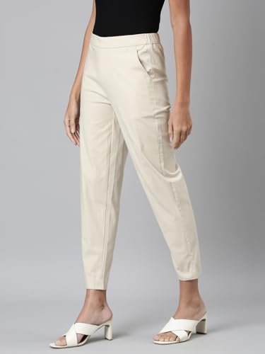 Go Colors Women Solid Tapered Fit Chino Pants, Mid Rise, Cream_8905344180192_Off White_L
