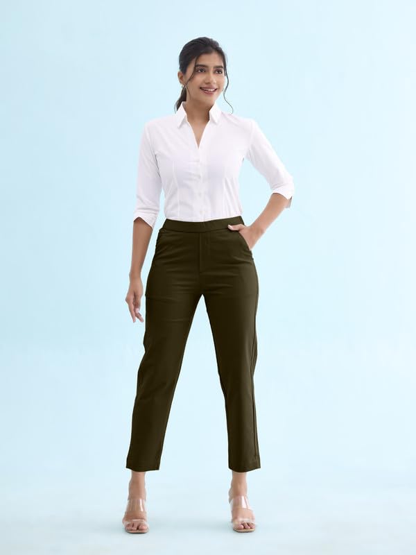 GO COLORS Women Dark Olive Chinos Trousers