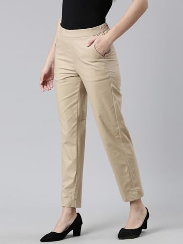 Go Colors Women Solid Tapered Fit Chino Pants, Mid Rise, Light Beige_8905344123601_Beige_XL