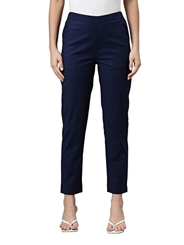 GO COLORS Women Solid Tapered Fit Chino Pants, Mid Rise, Navy_8905344123649_Dark Blue_L