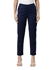 GO COLORS Women Solid Tapered Fit Chino Pants, Mid Rise, Navy_8905344123632_Dark Blue_M