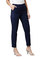 GO COLORS Women Solid Tapered Fit Chino Pants, Mid Rise, Navy_8905344123632_Dark Blue_M