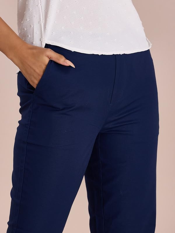 GO COLORS Women Solid Tapered Fit Chino Pants, Mid Rise, Navy_8905344123632_Dark Blue_M