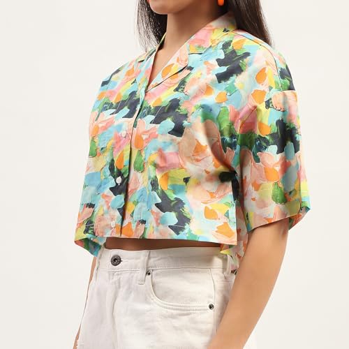 Madame Graphic Print Cotton Sky Blue Cropped Shirt